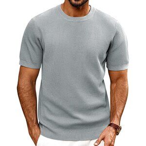 Men's Light Grey Knit Short Sleeve Crewneck Shirt Casual Textured T-shirts
